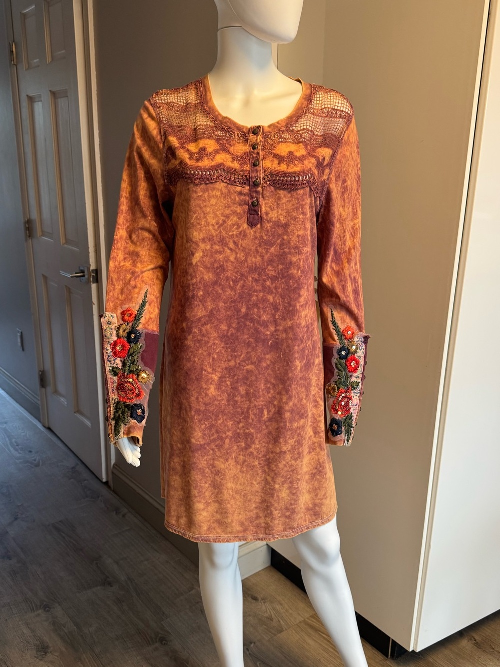 Aratta Under the Moon Light Tunic or Mini Dress in Mustard Yellow Acid Wash, S
